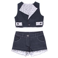 A set of vest and shorts denim black with a gray lining for a girl made of cotton