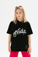 Black T-shirt with a hood and Miracle print, 128