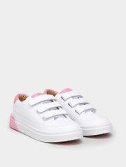 White leather sneakers with pink inserts