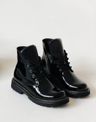 Black demi boots with patent leather on wool felt