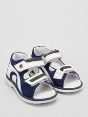 Blue-white sandals made of leather and suede with an instep support