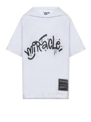 White T-shirt with a hood and Miracle print, 128