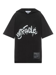 Black T-shirt with a hood and Miracle print, 128