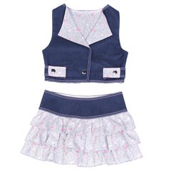 Denim blue set of a skirt and a vest with a floral pattern for a girl