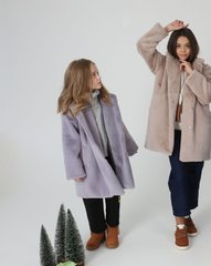 Light lilac winter eco-fur coat with a high collar on belt