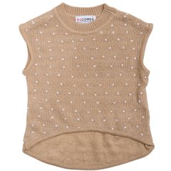 Knitted beige vest with white dots for girls