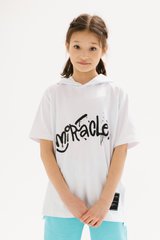 White T-shirt with a hood and Miracle print, 128