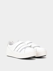 White leather sneakers with three velcros and grey insert, white, 32