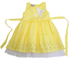 Yellow cotton dress with bow and white tulle lining for girls