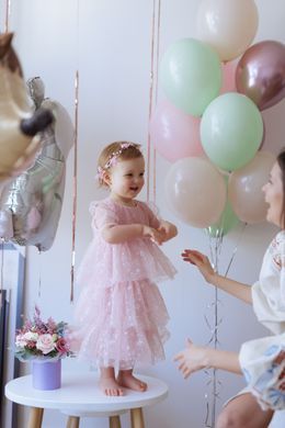 A delicate pink dress with flared tulle sleeves, pink, 116