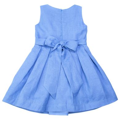 Blue linen dress with a small pink bow on the front and a pleated bottom for a girl