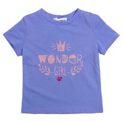 Lilac cotton T-shirt with a wonder pink print for a girl