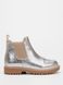 Silver leather Chelsea boots on brown sole on fur