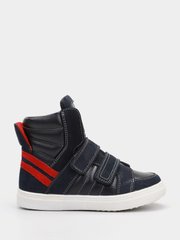 Blue leather sneakers with red stripes