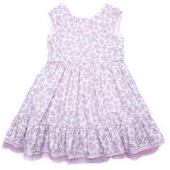 Pink cotton dress with a bow at the back and trim at the bottom for a girl