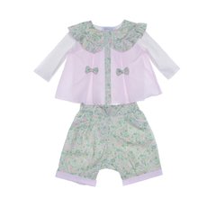 White-green cotton set with a floral print and pink elements of a jacket and pants for babies