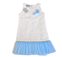 White cotton dress with a cornflower decoration and a blue bottom on a lollipop for a girl