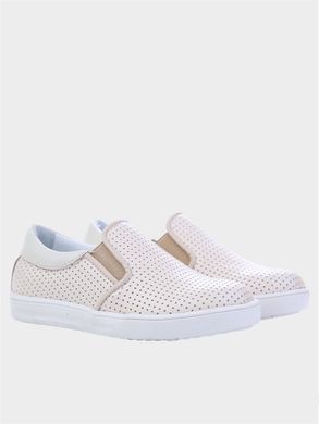 Beige leather slip-on sneakers with perforation on a high sole