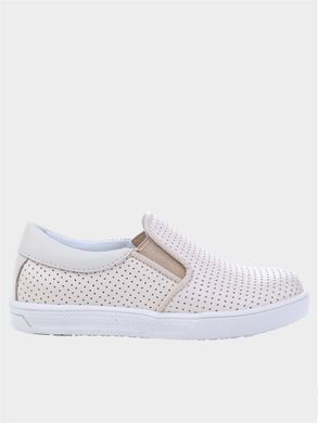 Beige leather slip-on sneakers with perforation on a high sole