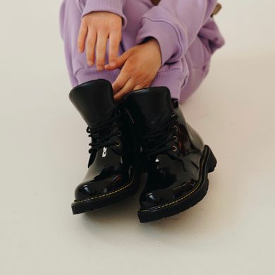 Black demi boots with patent leather on wool felt