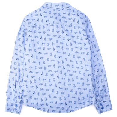 Blue viscose shirt with a pattern in the form of bicycles for a boy