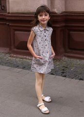 Сукня бавовняна "Трапеція" сіра в бузкову квітку з коротким рукавом для дівчинки