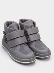 Demi-season gray leather boots with flower on fleece