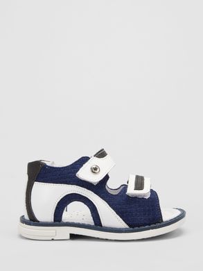 Blue-white sandals made of leather and suede with an instep support