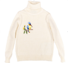 Knitted milk sweater with a high neck and a bright bird for a girl
