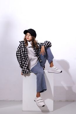 Black and white checked shirt-coat for a girl, black, 122