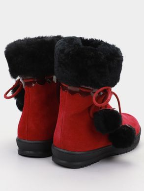 Cherry winter split leather boots with pompoms