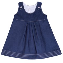 Blue denim sundress with stitching on flower buttons for girls