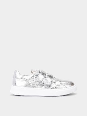 Silver leather sneakers with two velcros, silver, 32