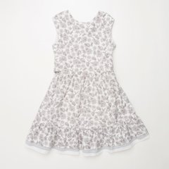 Gray cotton dress with a bow at the back and trim at the bottom for a girl