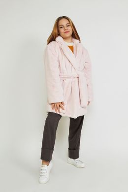 Soft pink winter eco-fur coat with a high collar on belt