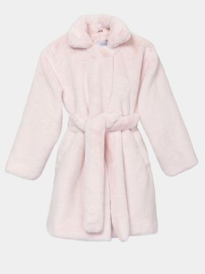 Soft pink winter eco-fur coat with a high collar on belt