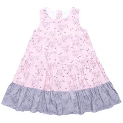Pink-gray viscose sundress in several tiers with flowers and butterflies on the zipper for girls
