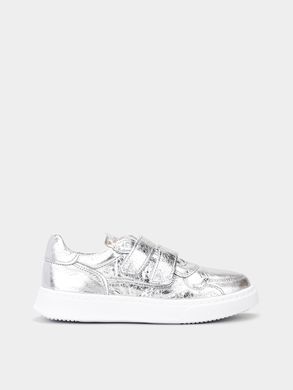Silver leather sneakers with two velcros, silver, 35