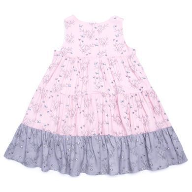 Pink-gray viscose sundress in several tiers with flowers and butterflies on the zipper for girls