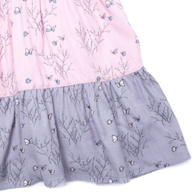 Pink-gray viscose sundress in several tiers with flowers and butterflies on the zipper for girls