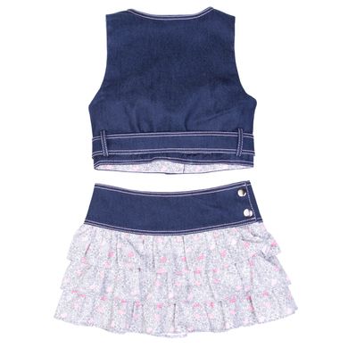 Denim blue set of a skirt and a vest with a floral pattern for a girl