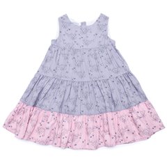 Gray-pink viscose sundress in several tiers with flowers and butterflies on the zipper for girls