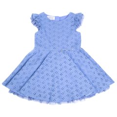 Dress made of blue cotton with ruffles and small decorative butterflies for a girl