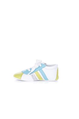 White booties made of genuine leather with multi-colored stripes on the laces for children