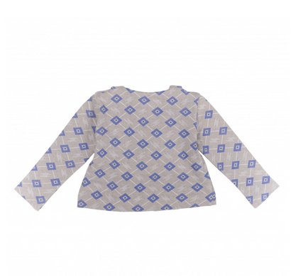 Gray knitted cotton jacket in a blue rhombus for a child