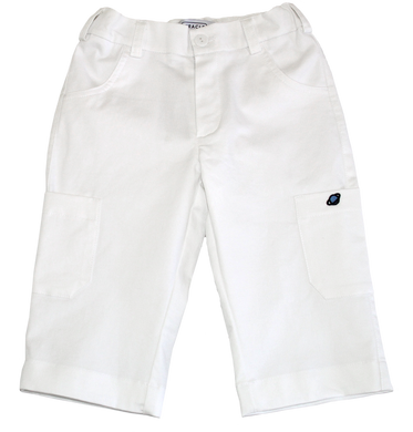 White cotton breeches with brand embroidery on the wallet for a boy