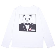 Longsleeve cotton white panda print suit with tie for girls