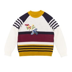 Knitted striped raglan sweatshirt with bird print for girls